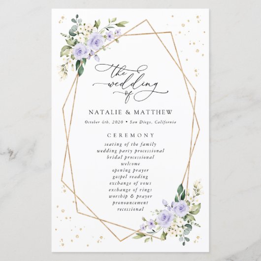Lila Blumen, weiße Blume, Hochzeitsprogramm (Vorderseite)