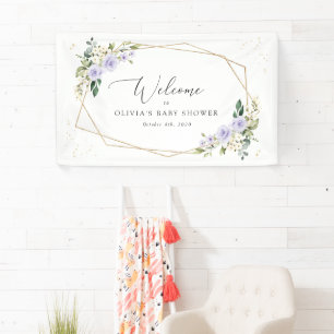 Lila Blumen, Weiße Blumen, Babyparty Willkommen Banner