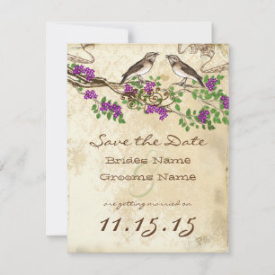 Lila Blumen Zweig Vintage Vögel Hochzeit RSVP Einladung