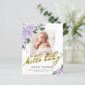 Lila Blumenankündigung Dankeschön-Karte (Stehend Vorderseite)