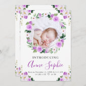 Lila Blumenankündigung Dankeschön-Karte Einladung (Vorne/Hinten)