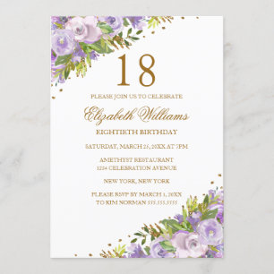 Lila Blumenaquarell Gold 18. Geburtstag Einladung