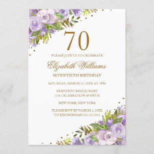 Lila Blumenaquarell Gold 70. Geburtstag Einladung