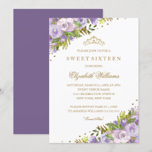 Lila Blumenaquarell Gold Sweet Sixteen Einladung