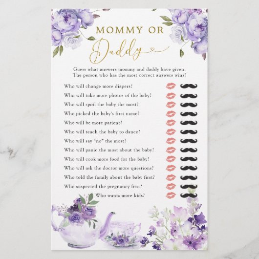 Lila Blumenbaby-Dusche Tee Party Mommy oder Daddy (Vorderseite)