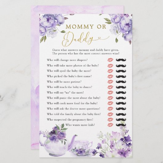 Lila Blumenbaby-Dusche Tee Party Mommy oder Daddy (Vorne/Hinten)