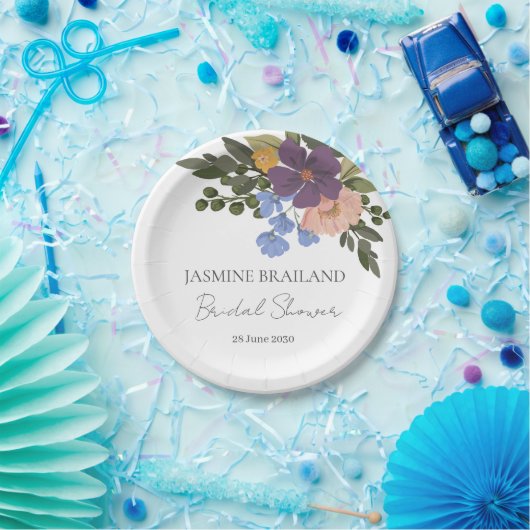 Lila Blumenbeete und Grüne Bouquet Brautparty Pappteller (Party)