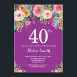 Lila Blumenbeete zum 40. Geburtstag Einladung<br><div class="desc">Lila florale 40. Geburtstag Einladung für Frauen. Aquarellfarbene Blume Lila Lilac Lavender Violet Hintergrund. Rosa,  Gelb,  orange,  Lila Blume. Erwachsener zum Geburtstag. Für weitere Anpassungen klicken Sie bitte auf die Schaltfläche "Anpassen" und verwenden Sie unser Designwerkzeug,  um diese Vorlage zu ändern.</div>