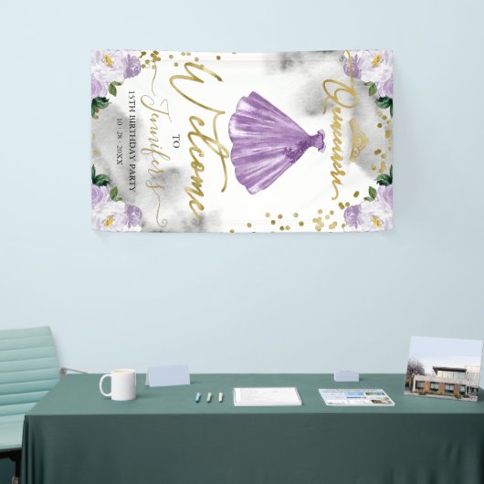 Lila Blumenbezug Herzlich Willkommen Banner (Messeveranstaltung)