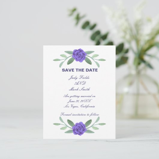 Lila Blumenblätterturm Save the Date Ankündigung (Stehend Vorderseite)