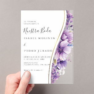 Lila Blumenblätterung Nuestra Boda Spanische Hochz Acryleinladungen