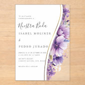 Lila Blumenblätterung Nuestra Boda Spanische Hochz Acryleinladungen (Vorderseite)
