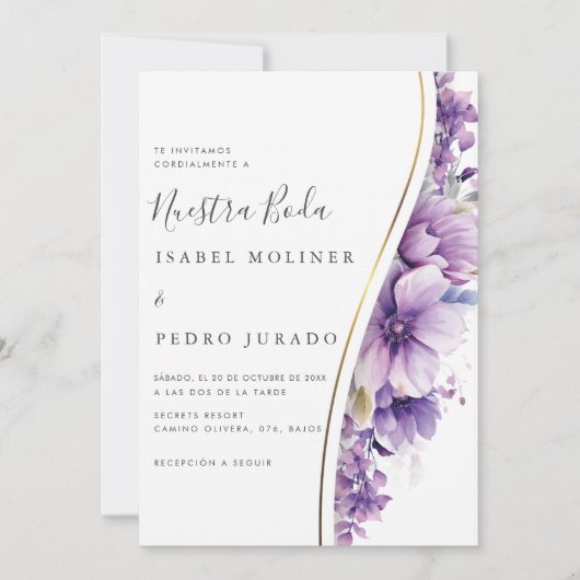 Lila Blumenblätterung Nuestra Boda Spanische Hochz Einladung (Vorderseite)