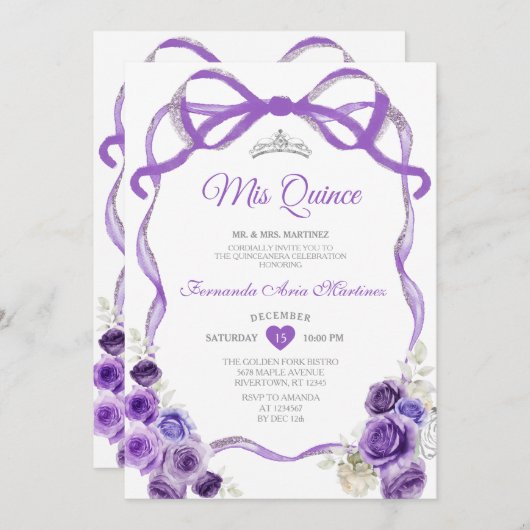 Lila Blumenbow-Band-Silberkrone Mis Quince Einladung (Vorne/Hinten)