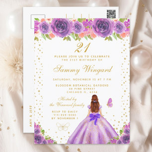 Lila Blumenbraun-Hair-Prinzessin Geburtstagsparty Postkarte