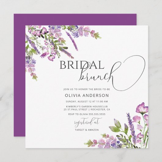 Lila Blumenbrunch mit Wasserfarbe Einladung (Vorne/Hinten)