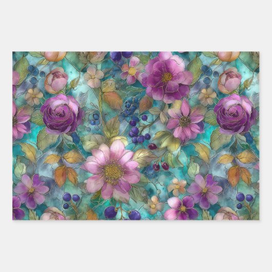 LILA BLUMENDEKORATIVES PAPIER-SET GESCHENKPAPIER SET (Vorderseite)