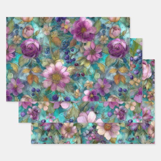 LILA BLUMENDEKORATIVES PAPIER-SET GESCHENKPAPIER SET (Set)
