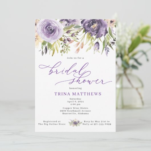 Lila Blumendusche Einladung (Stehend Vorderseite)