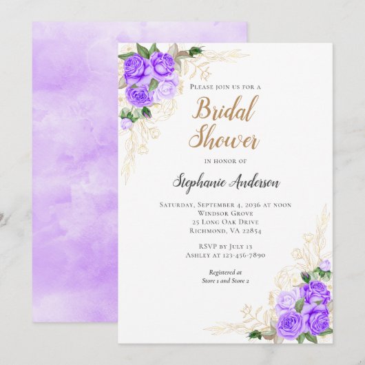 Lila Blumendusche Einladung (Vorne/Hinten)