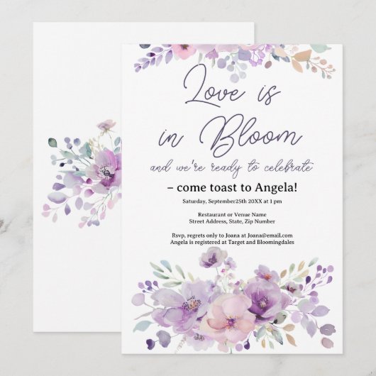 Lila Blumendusche Einladung (Vorne/Hinten)