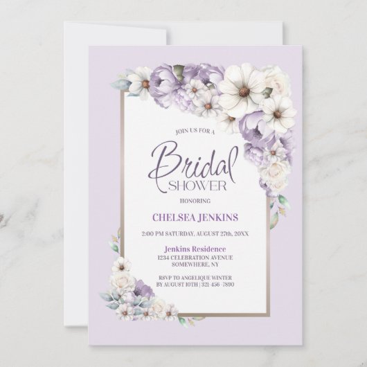 Lila Blumendusche Einladung (Vorderseite)