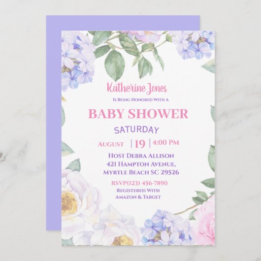 Lila Blumendusche Einladung (Vorne/Hinten)