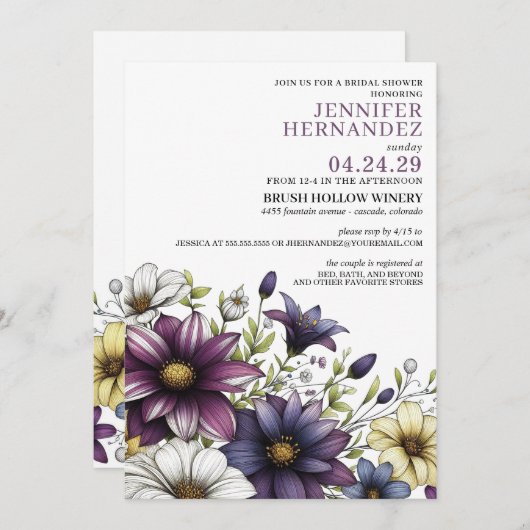 Lila Blumendusche Einladung (Vorne/Hinten)