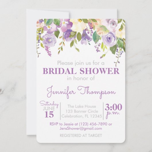 Lila Blumendusche Einladung (Vorderseite)