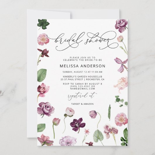 Lila Blumendusche Einladung (Vorderseite)