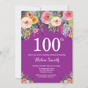Lila Blumeneinladung zum 100. Geburtstag Einladung