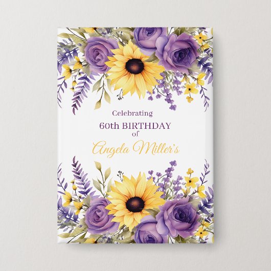 Lila Blumeneinladung zum 60. Geburtstag Button (Vorderseite)