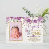 Lila BlumenElefant Einladung zum ersten Geburtstag (Stehend Vorderseite)