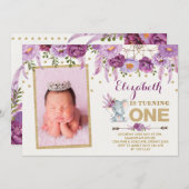 Lila BlumenElefant Einladung zum ersten Geburtstag (Vorne/Hinten)