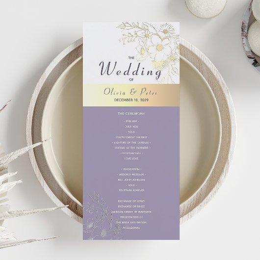 Lila Blumenelemente Hochzeitsprogramm Programm