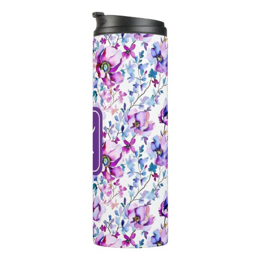 Lila Blumenfarbe Mit Monogramm Thermosbecher (Nach rechts gedreht)