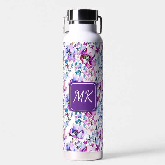 Lila Blumenfarbe Mit Monogramm Trinkflasche (Vorne)