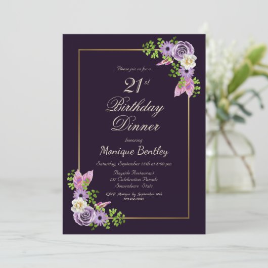 Lila Blumenfest 21. Geburtstag Abendessen Einladung (Stehend Vorderseite)