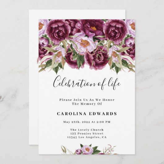 Lila Blumenfraufeier lädt ein Einladung (Vorne/Hinten)