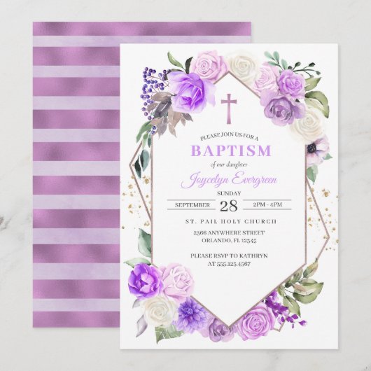 Lila Blumenfrühling Taufe Einladung (Vorne/Hinten)