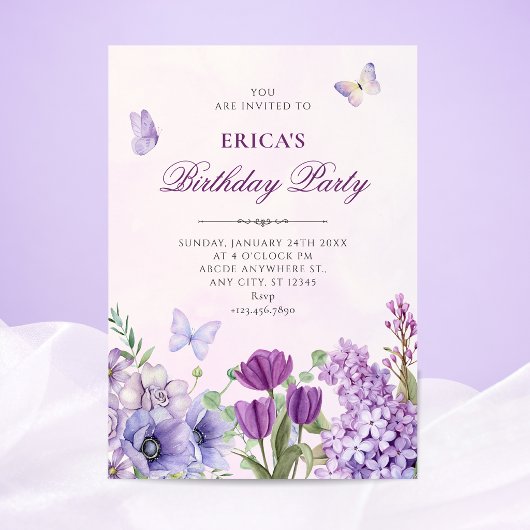 Lila Blumengarten Geburtstag Einladung
