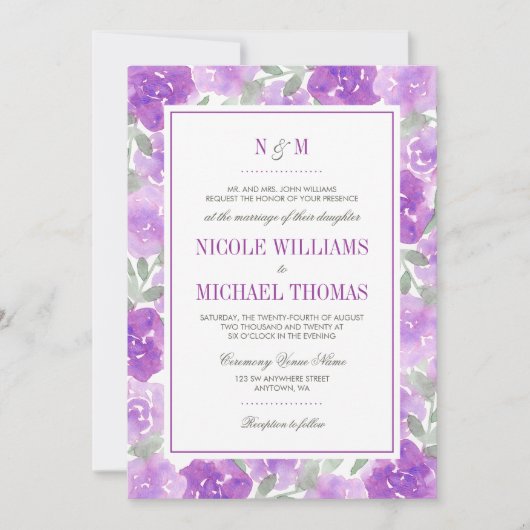 Lila Blumengarten Hochzeitsfeier Einladung (Vorderseite)