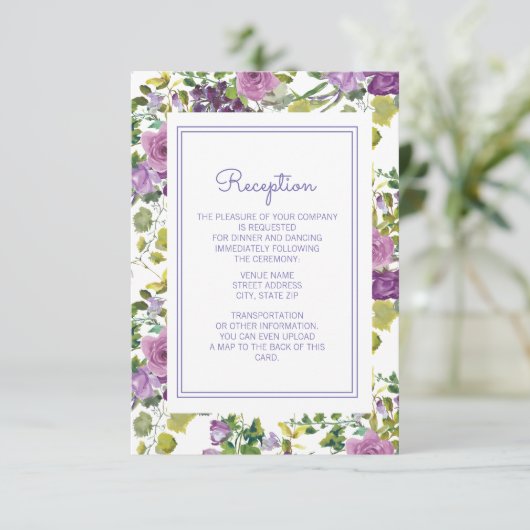 Lila Blumengarten Hochzeitsfeier Empfang Einladung (Stehend Vorderseite)