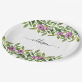 Lila Blumengärten und Typografie Pappteller (Schrägansicht)