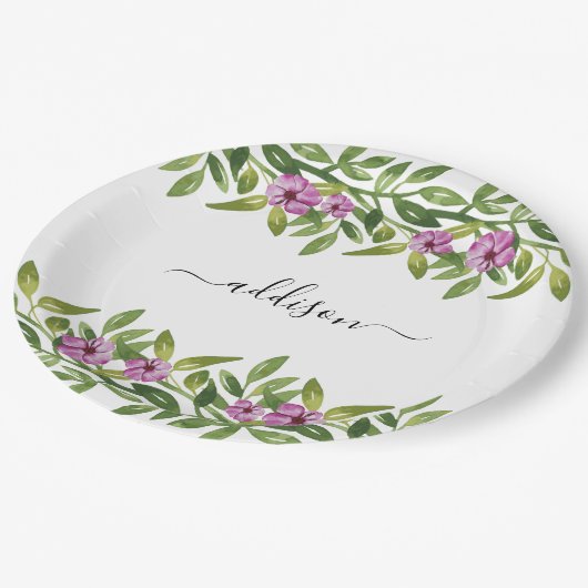 Lila Blumengärten und Typografie Pappteller (Schrägansicht)