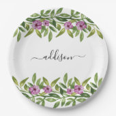 Lila Blumengärten und Typografie Pappteller (Vorderseite)