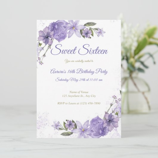 Lila Blumengeburt Einladung (Stehend Vorderseite)