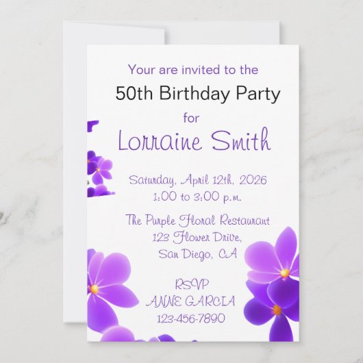 Lila Blumengeburt Einladung (Vorderseite)