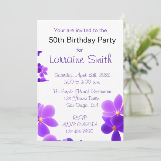 Lila Blumengeburt Einladung (Stehend Vorderseite)