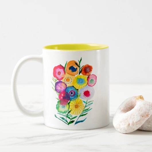 Lila, blumengeschmückte Blume Zweifarbige Tasse (Mit Donut)
